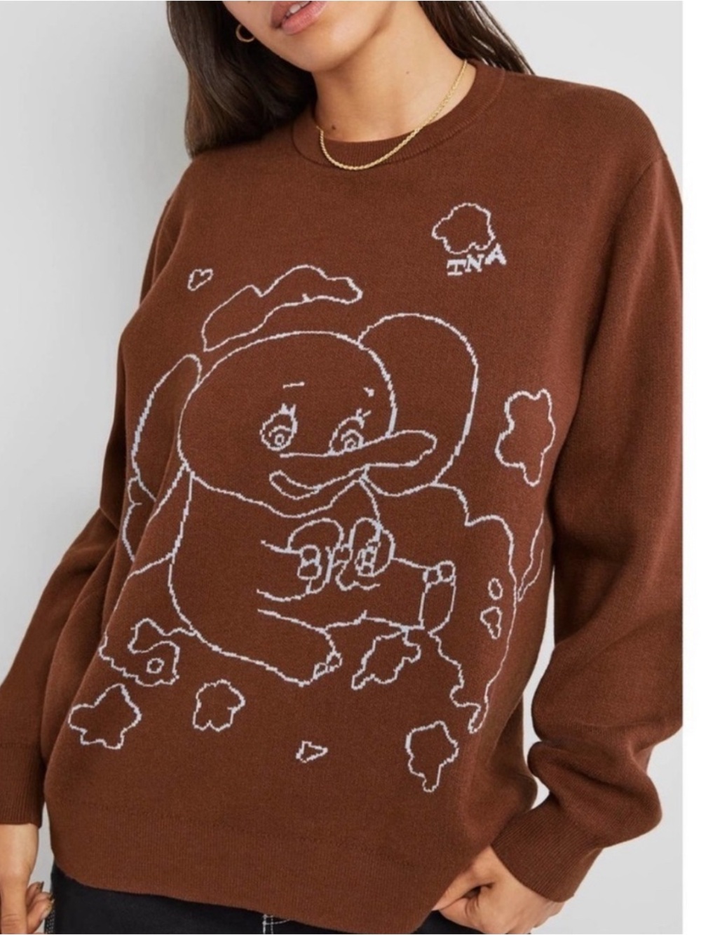 TNA Brown Crewneck Sweater with White Elephant Motif